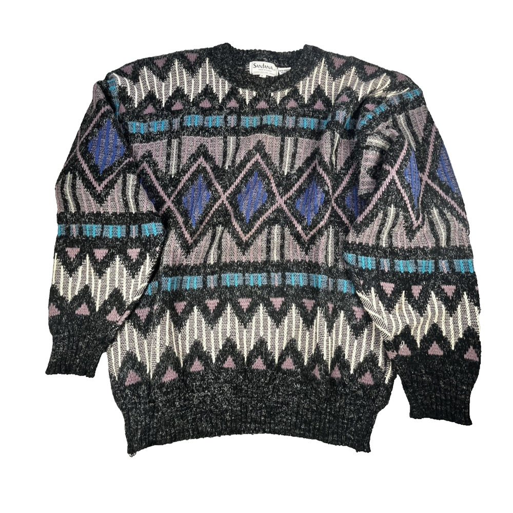Vintage 90s Santana Knit Geometric Sweater Mens L Pullover Funky Ski Grandpa
